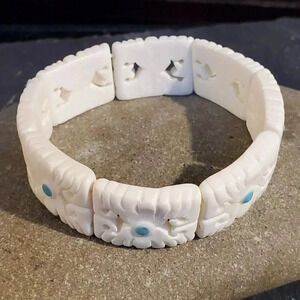 Tribal Carved Buffalo Bone India Beads Chunky Stretch Bangle Bracelet